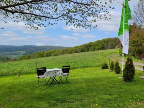 A grassy outdoor area with a table and chairs, a flagpole with a flag, and a scenic view of hills and trees. - Vacation apartment Landidylle (Birx)
