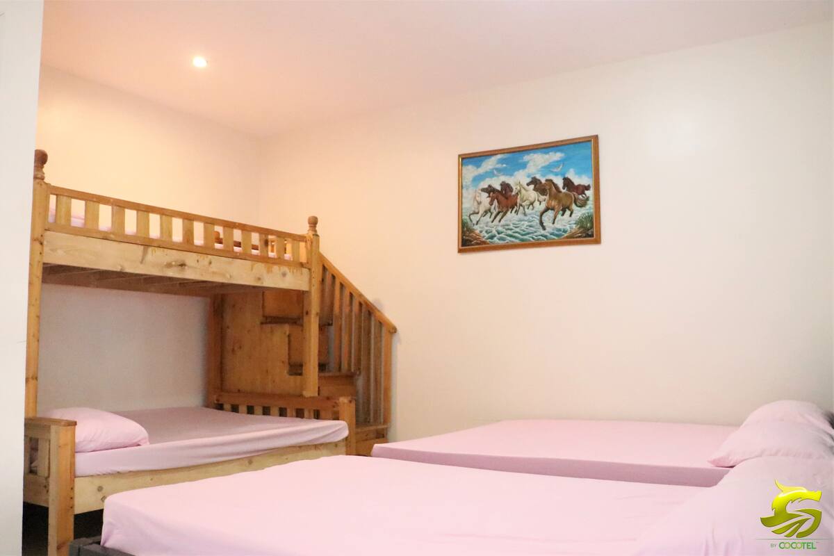 Une chambre avec des lits superposés et un tableau représentant des chevaux accroché au mur.