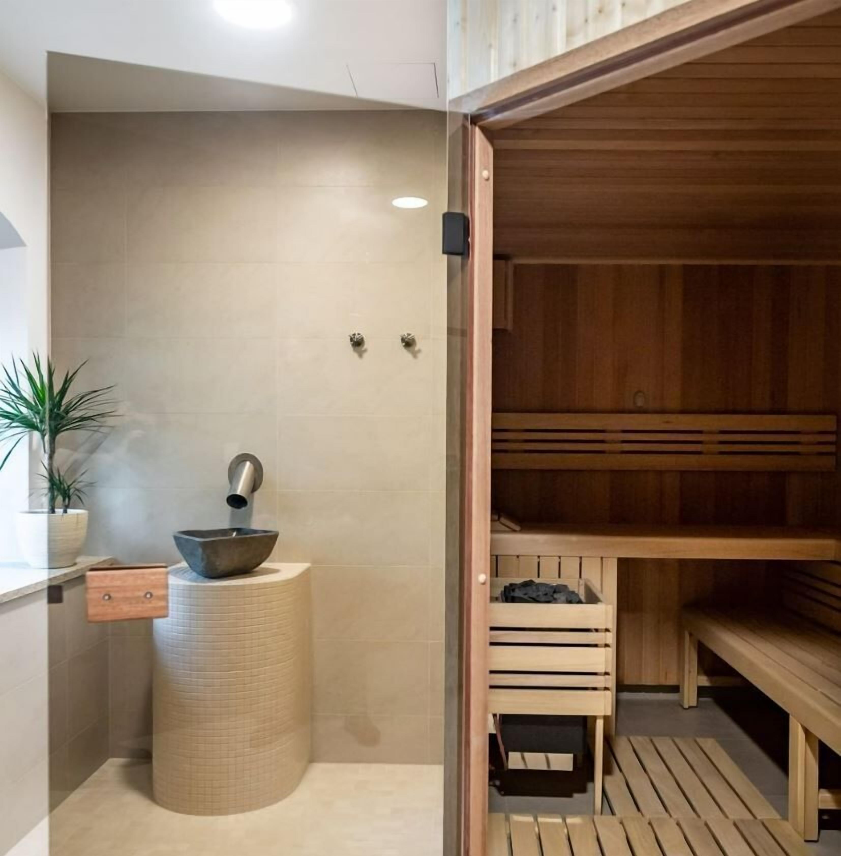 A modern bathroom with a wooden sauna, a sink with a bowl, and a potted plant.