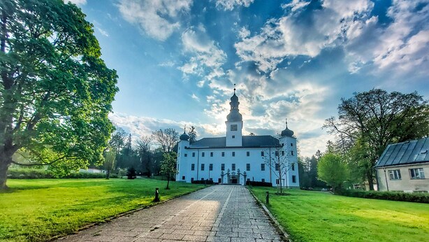 A large white building with a central tower and a paved pathway leading to it. - Chateau Třešť (Trest)