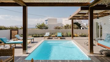 Seasonal outdoor pool, pool loungers
