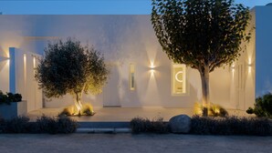 A modern building with a well-lit entrance, a large tree, and a landscaped area with shrubs and rocks. - Citrus Seaside Houses (Naxos)