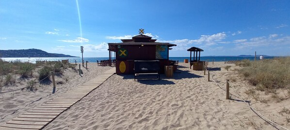 A beach with a wooden walkway leading to a wooden structure with a map and a sign.
