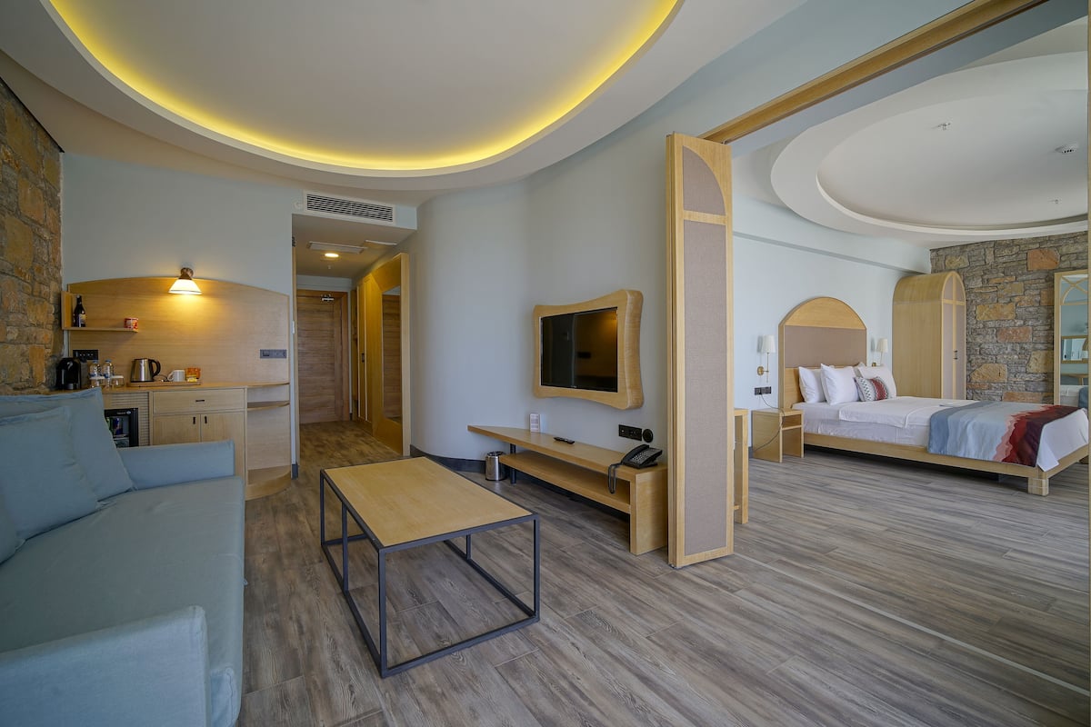 Una habitación de hotel moderna con suelo de madera, un sofá, una cama, un televisor, un escritorio y una zona de cocina.