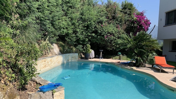 Una piscina con muro de piedra, rodeada de abundante vegetación y un edificio moderno.