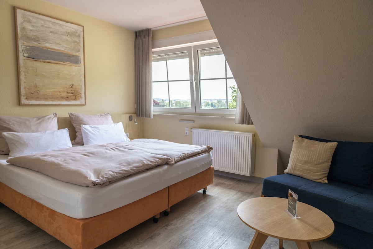 A bedroom with a bed, a sofa, a small table, and a window with a view.