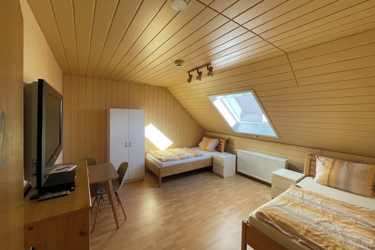 A room with a sloped ceiling, a skylight, a bed, a desk with a computer, and a wardrobe.