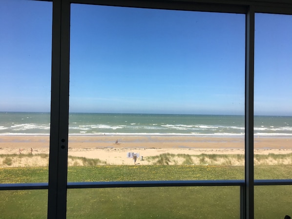 Une vue sur une plage, prise à travers une fenêtre, où l’on aperçoit l’océan et le rivage sablonneux.