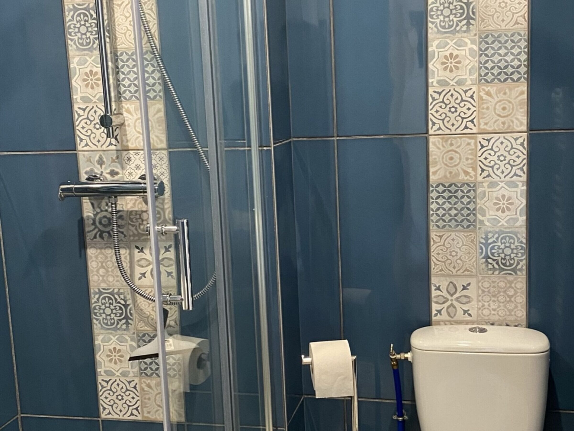 Et badeværelse med glasvæg omkring bruseniche, toilet og mønstret flisegulv.