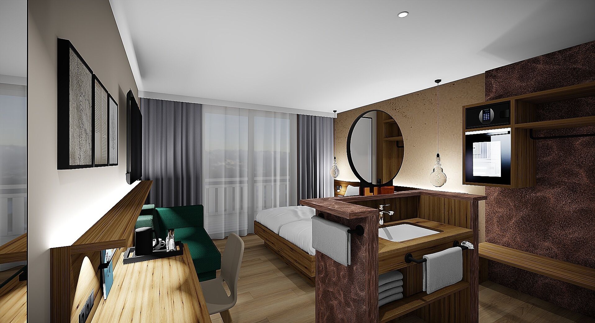 Une chambre d’hôtel moderne équipée d’un lit, d’un bureau, d’un grand miroir et d’une salle de bain avec un lavabo et une douche.