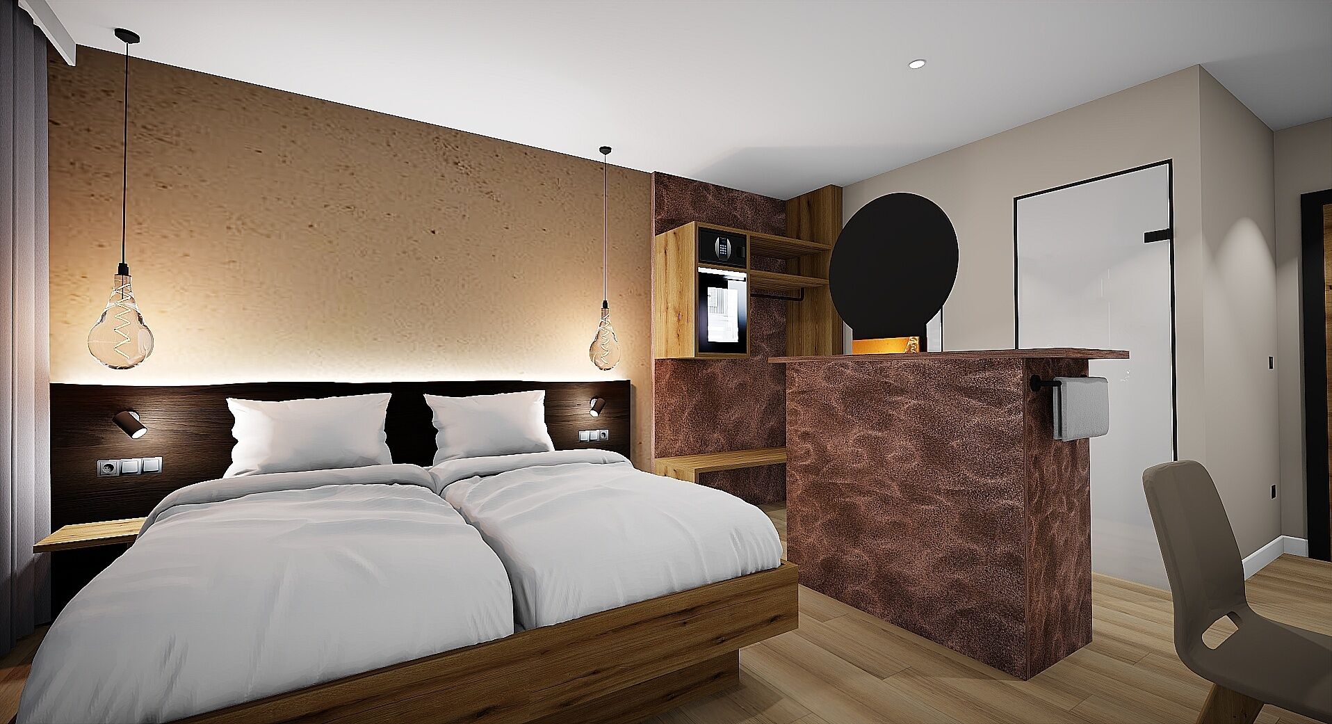 A modern bedroom with a wooden bed, built-in shelves, a mirror, and a desk.
