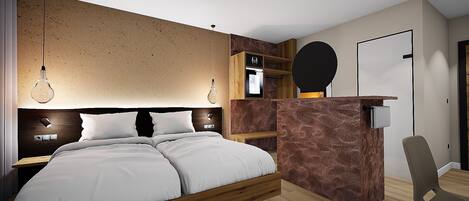 A modern bedroom with a wooden bed, built-in shelves, a mirror, and a desk.