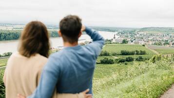 A couple standing on a grassy hill overlooking a river and a town.