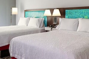 Desk, laptop workspace, blackout curtains, bed sheets