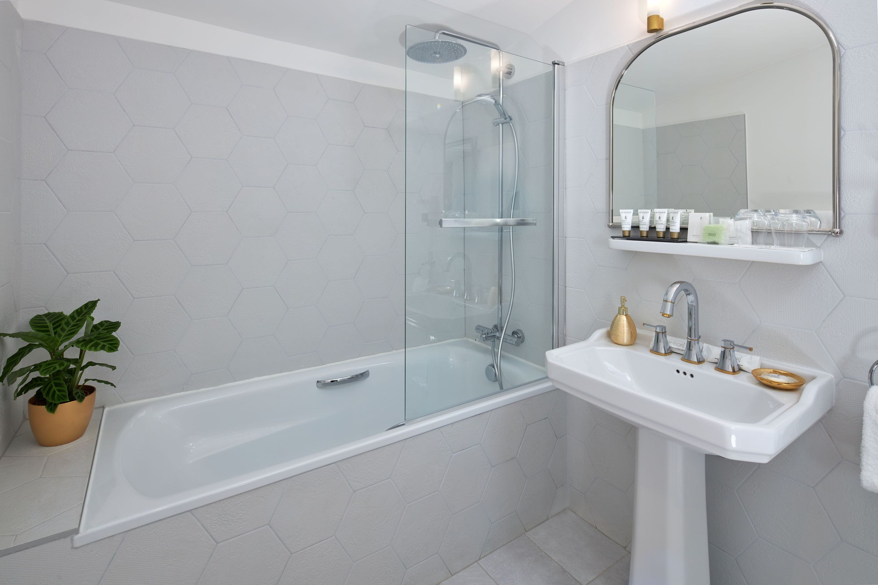 Une salle de bain moderne avec une douche à parois de verre, un lavabo blanc doté de robinetterie dorée et une plante en pot.