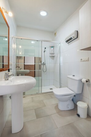 Een douche, een bidet, handdoeken, zeep
