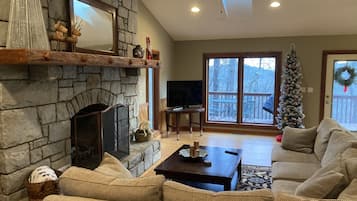 Smart TV, fireplace, books