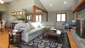 Smart TV, fireplace, books