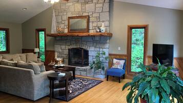 Smart TV, fireplace, books
