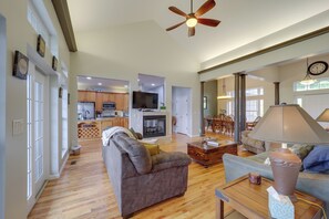 TV, fireplace, DVD player, foosball