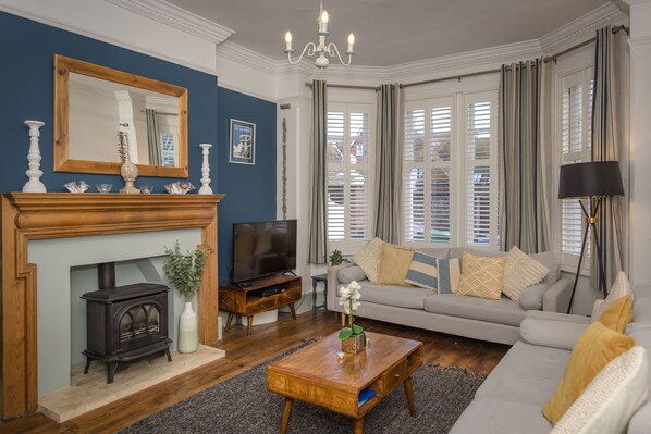 Smart TV, fireplace, DVD player, books