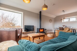 A cozy living room with a sofa, a coffee table, a TV, a fireplace, and a dining area with chairs and a table.