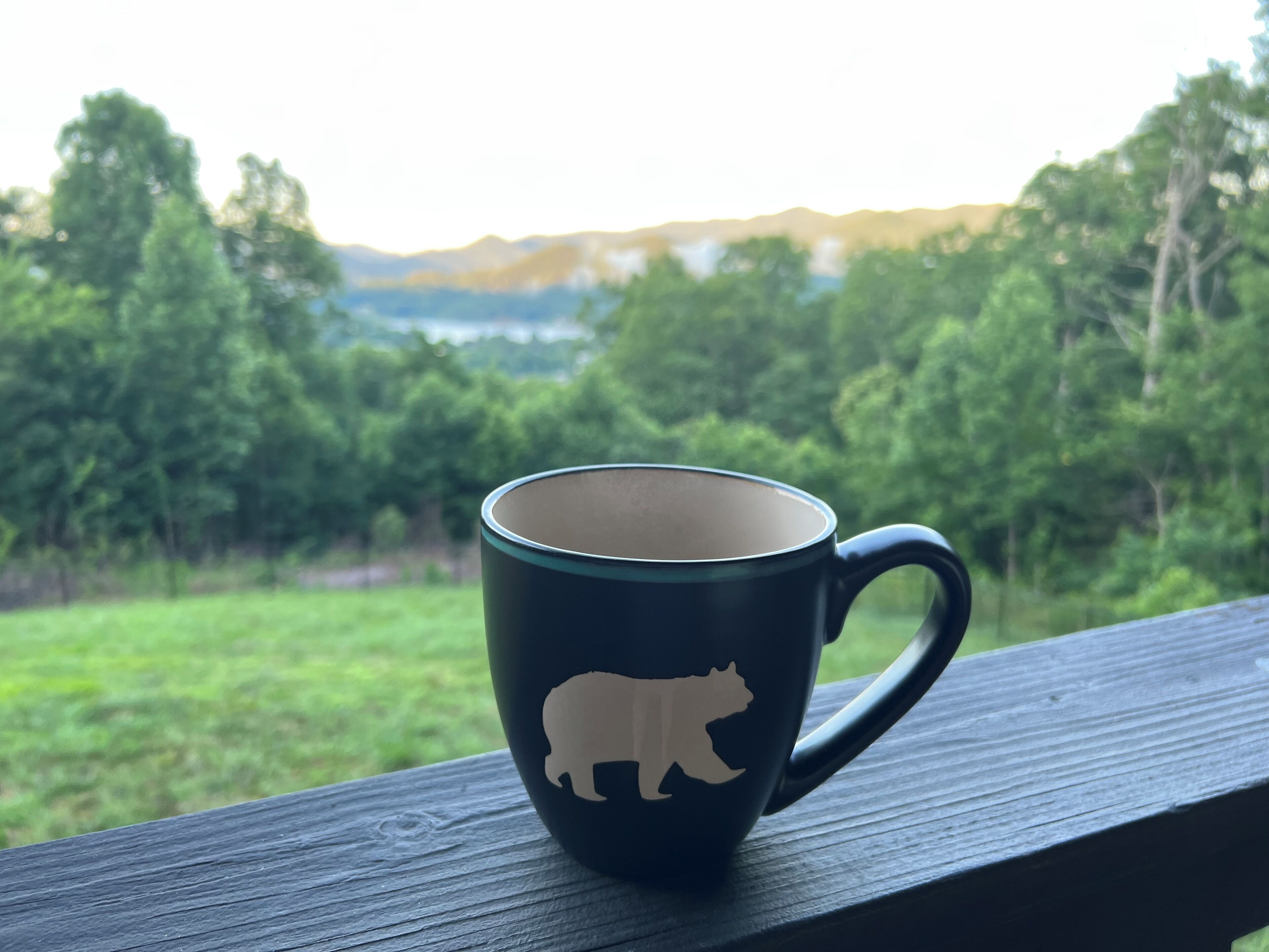 Eine Tasse mit einer Bärensilhouette auf einer Holztischplatte, im Hintergrund ein Blick auf Wald und Hügel.