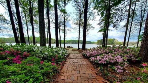 Un chemin pavé de briques mène à un banc situé au bord d’un lac, entouré de grands arbres et de plantes en fleurs.