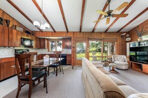 Smart TV, caminetto, lettore DVD, libri