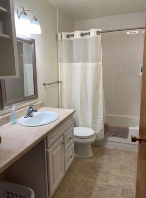 Combined shower/bathtub, hair dryer, towels, soap