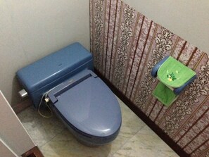 A bathroom with a blue toilet, a green sink, and patterned wallpaper. - Narita Airport Samurai Hostel (Kujukuri)