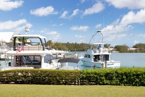 A marina with several boats docked, a well-maintained hedge in the foreground, and a clear blue sky.