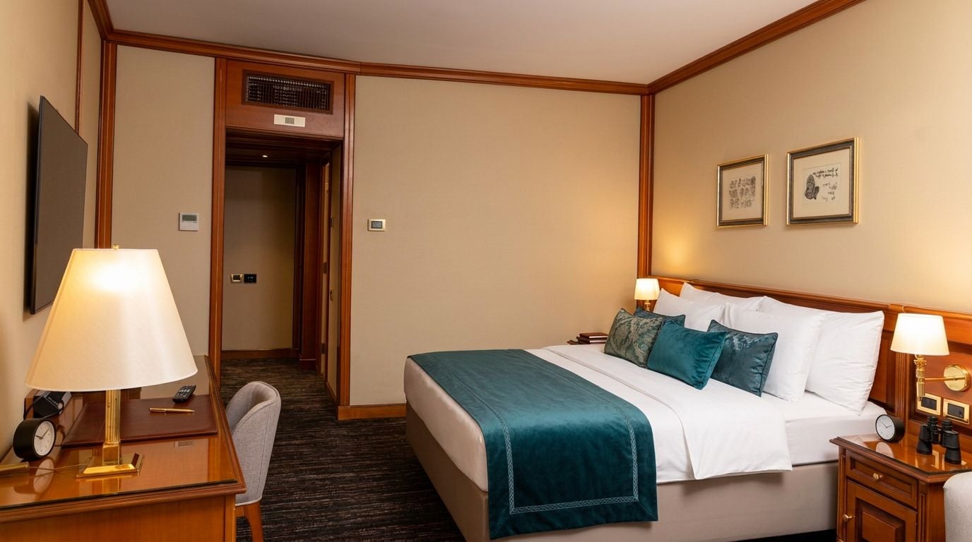 A hotel room with a bed, bedside lamps, a desk with a lamp, a chair, and a clock.