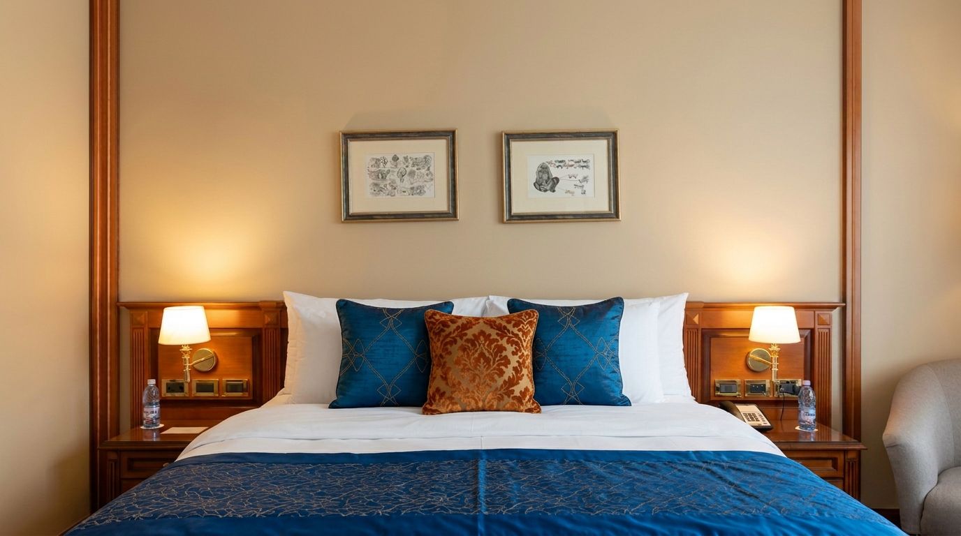 Habitación de hotel con una cama, dos mesitas de noche, una silla y dos cuadros en la pared.