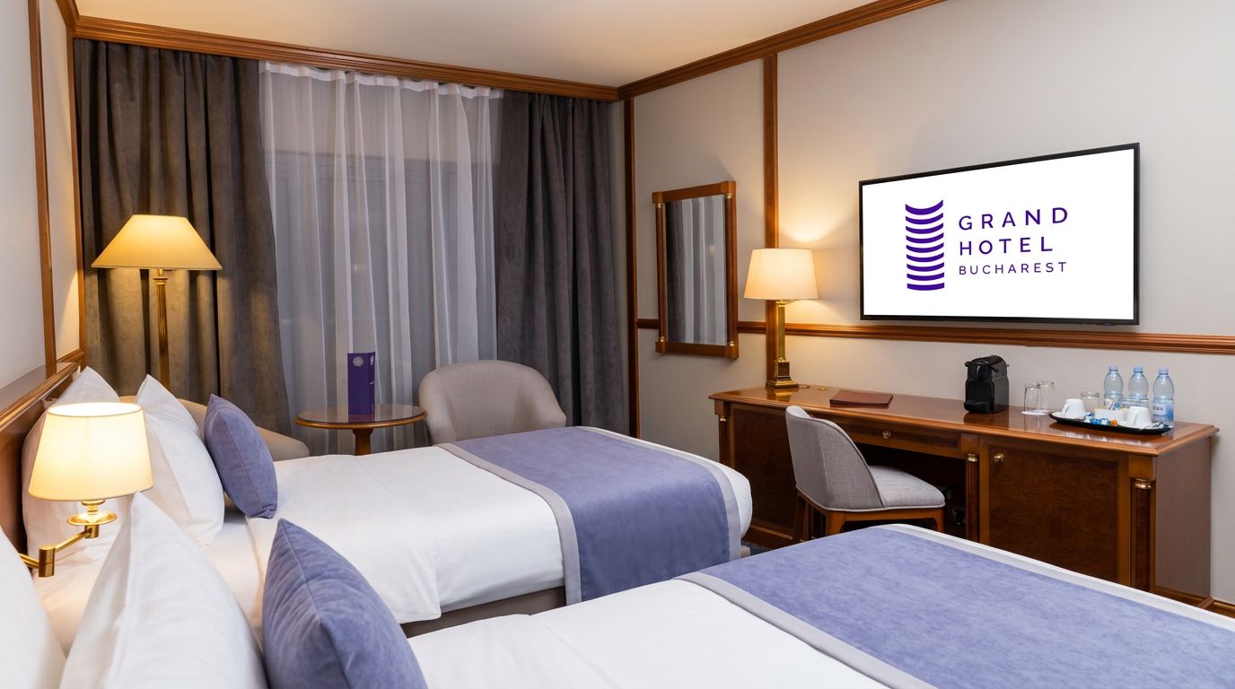 Habitación de hotel con dos camas, un escritorio, una silla, una lámpara, un espejo y un televisor mostrando el nombre del hotel.