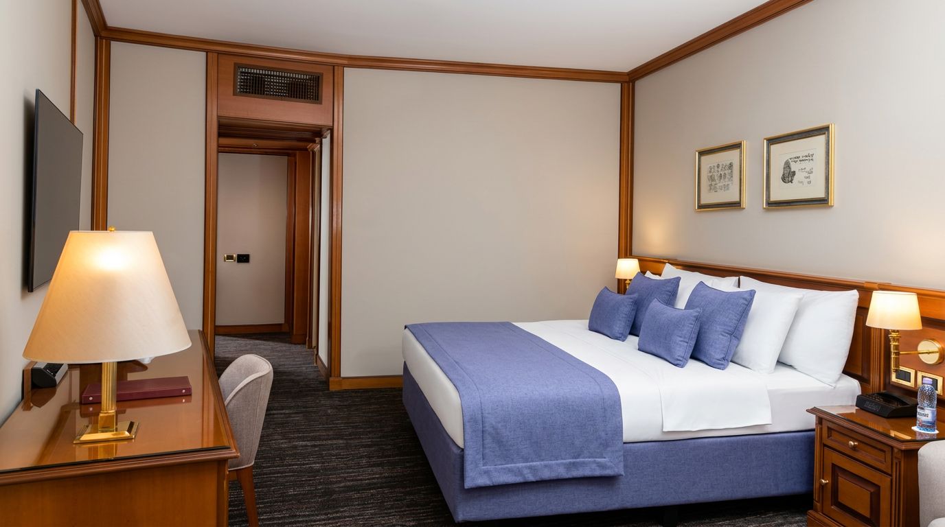 A hotel room with a bed, bedside lamps, a desk with a lamp, a chair, and a television.
