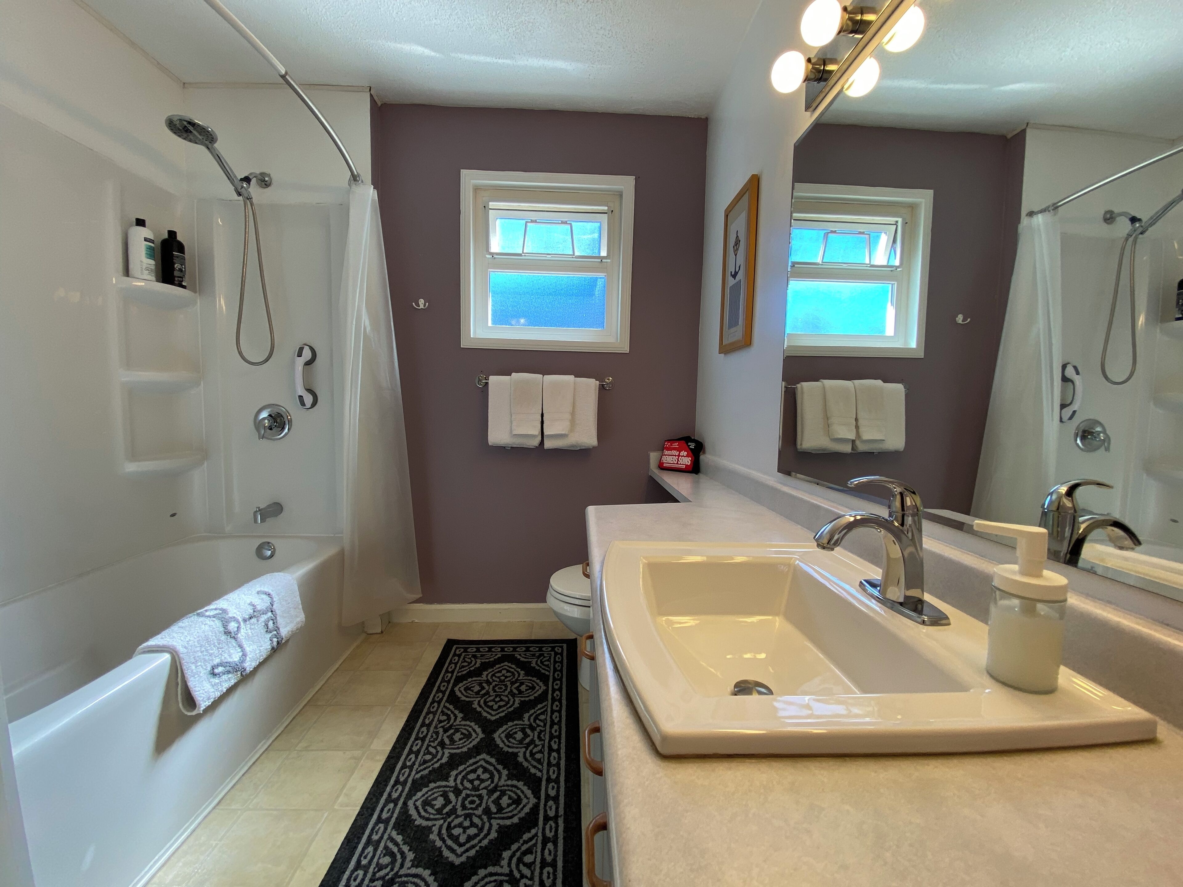 A modern bathroom with a bathtub, a sink, and a shower. There are two windows providing natural light, and a rug on the floor.