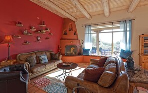 Smart TV, fireplace, books