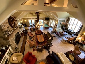 TV, fireplace, books