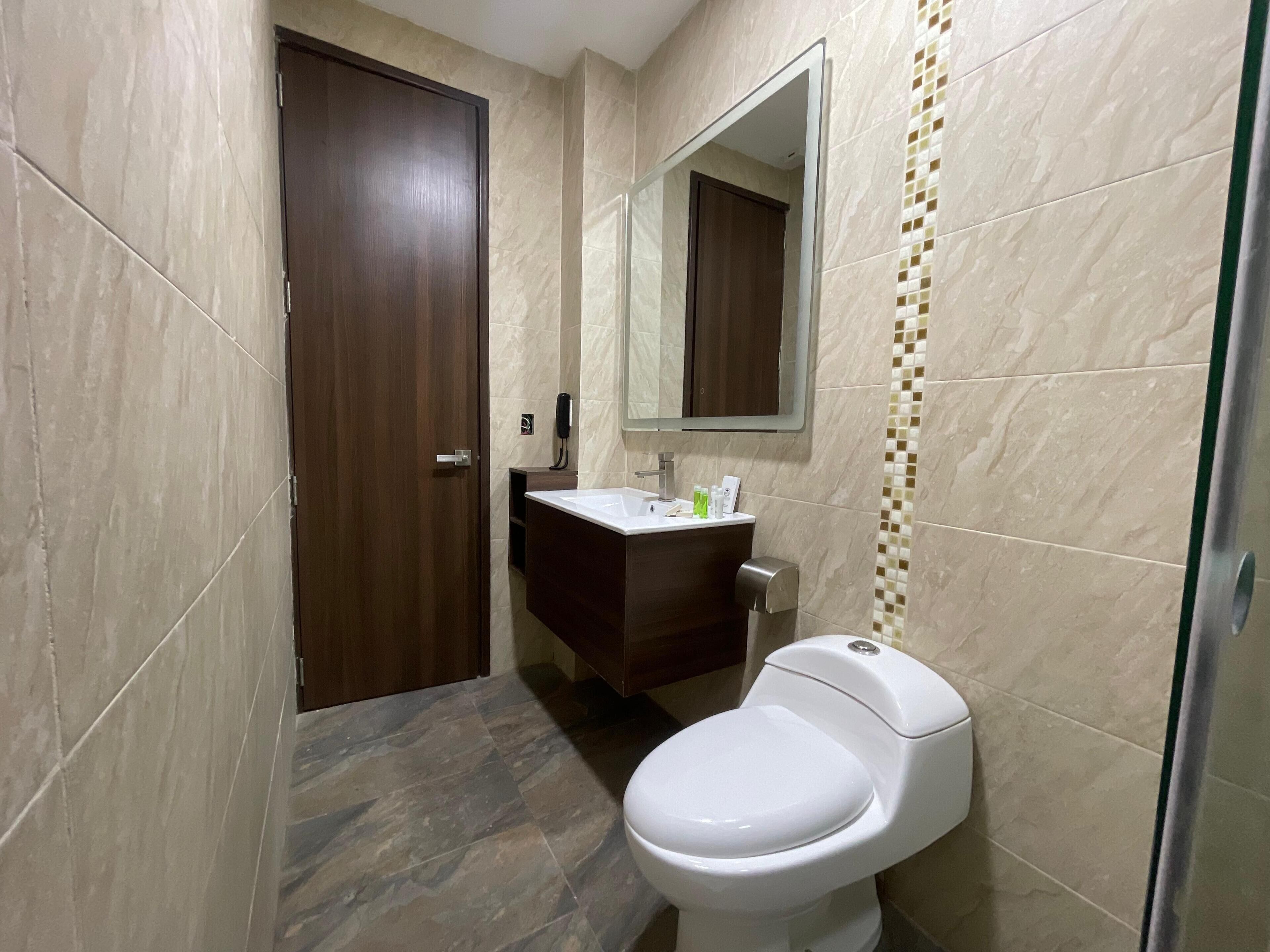 A bathroom with a toilet, sink, and mirror.