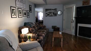 Smart-tv, een open haard, een dvd-speler en boeken