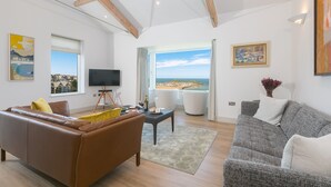En moderne stue med en brun lædersofa, en grå sofa med mønster, et sofabord og et fjernsyn.