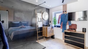 A modern bedroom with a bed, a wooden dresser, a TV, and a mirror. - Gîte confort de la Fontaine de Jonquier (Seguret)