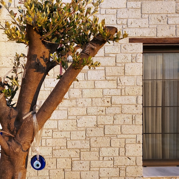 Un árbol con un adorno azul colgando de sus ramas, sobre un muro de ladrillo con una ventana.
