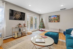 TV, fireplace, DVD player, foosball