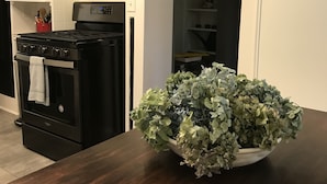 A kitchen with a black stove, a microwave, and a white cabinet. There is a wooden table with a bowl of green plants. - The Thistle House off Chardon Square (Chardon)