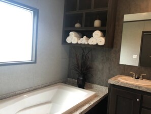 Combined shower/bathtub, hair dryer, towels, soap