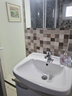 Shower, hair dryer, towels