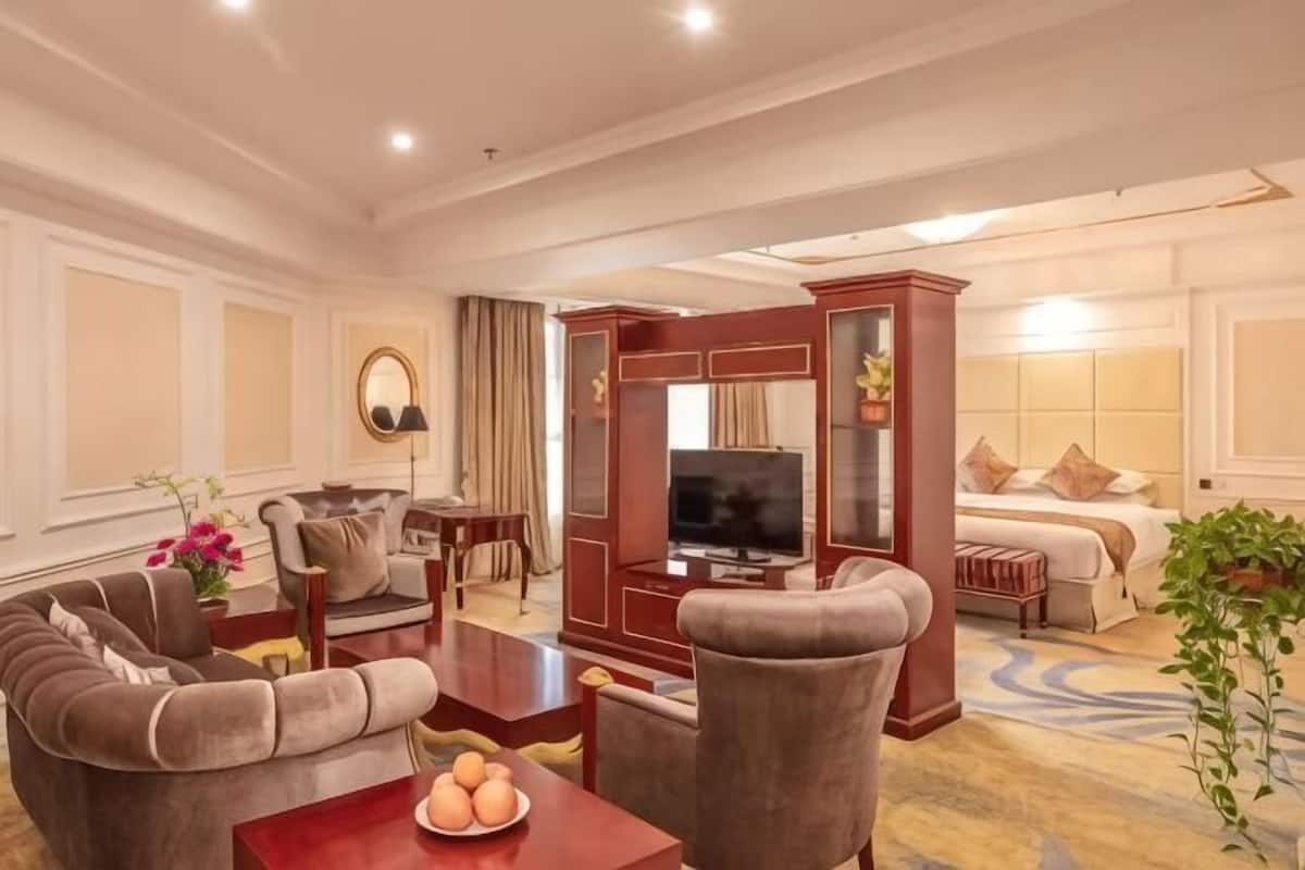 Habitación de hotel con zona de estar, televisión, cama y ventana grande.