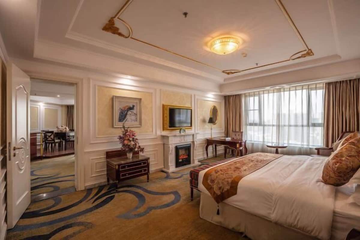 Una habitación de hotel con una cama grande, chimenea, televisor y vistas al exterior.
